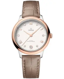 Omega De Ville Prestige Co-Axial Master Chronometer 34mm Automatic Silver Diamond Dial 18K Rose Gold Bezel Taupe Leather Strap Women's Watch 434.23.34 434.23.34.20.52.001