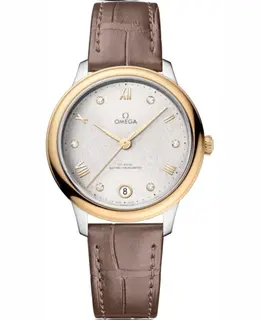 Omega De Ville Prestige Co-Axial Master Chronometer 34mm Automatic Silver Diamond Dial 18K Yellow Gold Bezel Taupe Leather Strap Women's Watch 434.23. 434.23.34.20.52.002