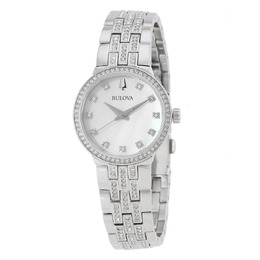 Bulova Quartz Crystal White Mother of Pearl Dial Ladies Watch and Necklace Set 96x163