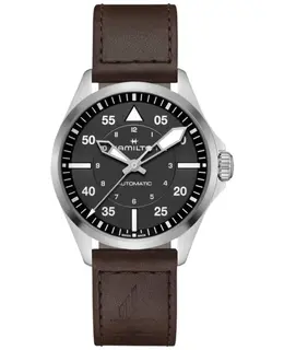 Hamilton H76305530 Khaki Aviation Pilot Auto Mens Watch - Black Dial, 39mm Stainless Steel & Brown Leather Strap