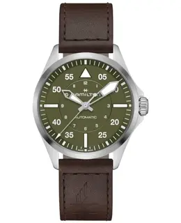 Hamilton H76305560 Khaki Aviation Pilot Auto Mens Watch 39mm Green Dial Brown Leather Strap