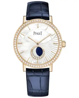 Piaget Altiplano Automatic Moonphase Mother of Pearl Dial Diamond Bezel 18K Rose Gold Blue Leather Strap Women's Watch g0a47104