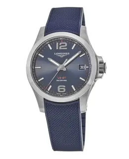 Longines Conquest V.H.P., Model L3.726.4.96.9, 43mm Blue Dial Rubber Strap Men's Watch