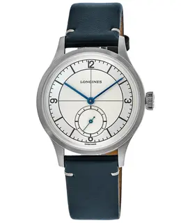 Longines Heritage Classic L2.828.4.73.2 Men's Watch Silver Dial, Blue Leather Strap Automatic Chronograph
