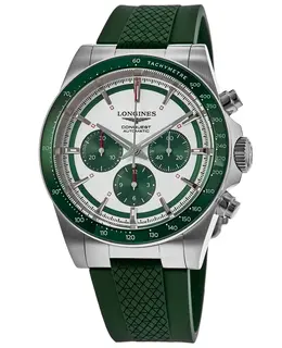 Longines Conquest Automatic Chronograph Silver Dial Green Rubber Strap Men's Watch l3.835.4.02.9