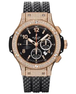 Hublot Big Bang 44mm Automatic Chronograph Black Dial 18K Rose Gold Diamond Bezel Rubber Strap Men's Watch 301.px.130.rx.174