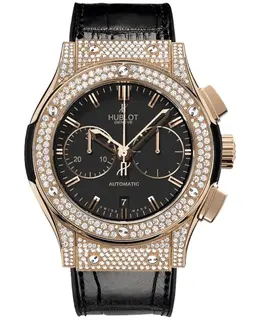 Hublot Classic Fusion Chronograph Automatic Black Dial 18K Rose Gold Diamond Bezel Leather Strap Men's Watch 521.ox.1180.lr.1704