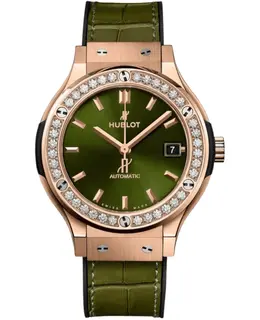 Hublot Classic Fusion 38mm Automatic Green Dial 18K Rose Gold Diamond Bezel Leather Strap Unisex Watch 565.ox.8980.lr.1204