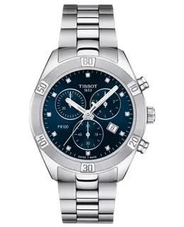 Brand New Authentic Tissot PR 100 Sport Chic Chronograph Blue Diamond Dial Steel Women's Watch t101.917.11.046.00