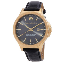 Technomarine MoonSun Date Quartz Charcoal Dial Mens Watch TM-822014 - Gold-tone Steel Case, Black Leather Strap