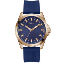 Guess Mens Blue Dial Quartz Watch Rose Gold Case Silicone Strap With Bezel GW0639G3