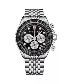 Мужские часы с японским механизмом Chrono, серебряный корпус из нержавеющей стали, зеленый циферблат, черный/розовый безель, браслет из нержавеющей стали с бисером Stuhrling, черный 17600993 | black