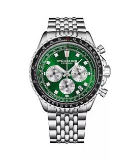 Мужские часы с японским механизмом Chrono, серебряный корпус из нержавеющей стали, зеленый циферблат, черный/розовый безель, браслет из нержавеющей стали с бисером Stuhrling, зеленый 17600993 | green