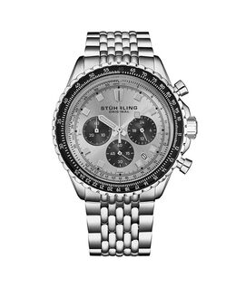 Мужские часы с японским механизмом Chrono, серебряный корпус из нержавеющей стали, зеленый циферблат, черный/розовый безель, браслет из нержавеющей стали с бисером Stuhrling, серый 17600993 | grey