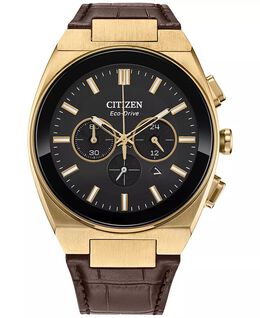 Мужские часы Eco-Drive с хронографом, современный черный кожаный ремешок, 43 мм Citizen, черный 17618319 | black
