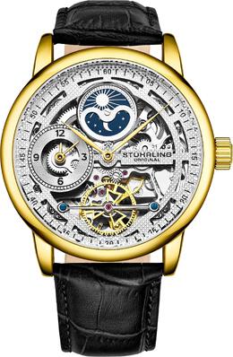 Автоматические часы-скелетон Stuhrling 3917, двойной временной циферблат, индикатор AM/PM и кожаный ремешок с тиснением под кожу аллигатора для изысканного стиля STÜHRLING Original, золото m190638090075 | gold