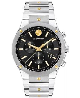 Мужские часы SE Swiss Quartz Chrono из нержавеющей стали, двухцветные, с желтым PVD-покрытием, 42 мм Movado, черный 17707976 | two-tone