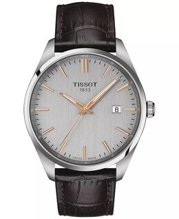 Мужские часы Swiss PR 100 с коричневым кожаным ремешком, 40 мм Tissot, серебро 17041883 | silver