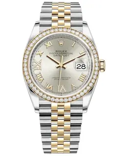 Rolex Datejust 36 Yellow Gold & Diamonds Silver Diamond Pave Roman Dial Women's Watch m126283rbr-0017
