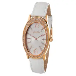 Folli Follie White Leather Watch ffwf2b012stwaac Analog Quartz Stainless Steel Case Gold Tone Mineral Crystal Hesstraps Clasp 28mm Diameter No Water Resistance