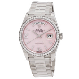 Rolex Day-Date 36 Pink Opal Diamond Dial 18kt White Gold President Watch 128349prsdp