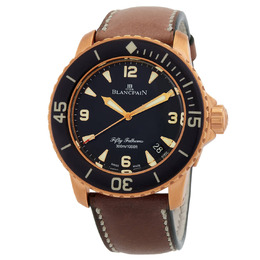 Blancpain 5015A-3630-63B Mens Automatic Watch Black Dial Rose Gold Case Brown Leather Strap