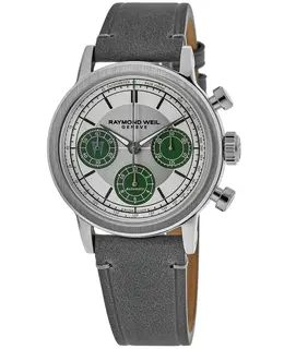 Brand New Authentic Raymond Weil Millesime Automatic Chronograph Largo Winch Limited Edition Silver Dial Leather Strap Men's Watch 7765-stc-lar01