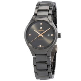 Rado True Automatic Diamond Grey Dial Ladies Watch, Black Plasma High-Tech Ceramic Case & Bracelet, Rose Gold Hands, Date Display at 3 O'clock - Model r27243712