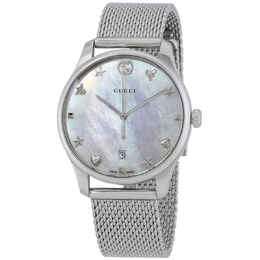 Gucci G-Timeless Mother of Pearl Dial Ladies Watch, 36mm Steel Mesh - Model: YA1264040
