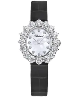 Chopard L'Heure Du Diamant Oval Manual Winding Mother of Pearl Dial Diamond Bezel 18K White Gold Leather Strap Women's Watch 13a393-1106