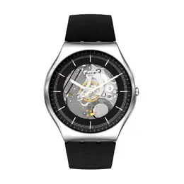 Черные часы-скелетон на черном кожаном ремешке Swatch 7610522842557 | negro