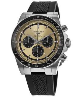 Longines Conquest Automatic Chronograph Brown Dial Black Rubber Strap Men's Watch, Model L3.835.4.32.9