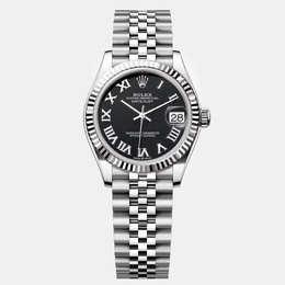 Rolex Black Roman Datejust in Stainless Steel