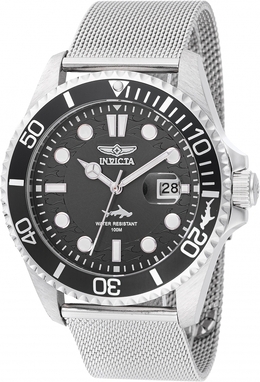 Invicta Pro Diver Mens Watch 47172, Silver-tone Stainless Steel Case with Mesh Bracelet, Black Dial featuring Date Display