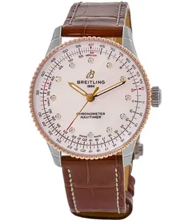 Authentic Breitling Navitimer Automatic 36 Diamond Gold & Steel Leather Strap Women's Watch U17327211A1P1