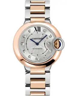 Authentic Cartier Ballon Bleu Automatic Silver Diamond Dial Steel 18K Rose Gold Bezel Women's Watch w3bb0007
