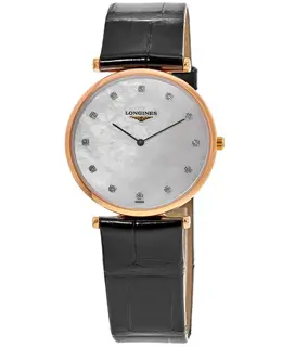 Longines La Grande Classique L4.709.1.88.2 - Rose Gold PVD Mother of Pearl Diamond Dial Black Leather Strap Women's Watch
