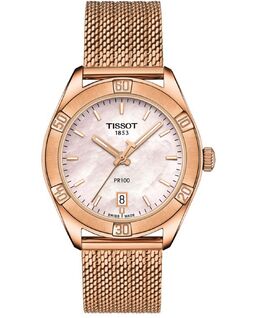 Женские швейцарские часы PR 100 Sport Chic T-Classic из нержавеющей стали с сетчатым браслетом цвета розового золота, 36 мм Tissot, золотой 10508646 | rose gold