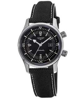 Longines Legend Diver Black Dial Black Leather Strap Unisex Watch l3.374.4.50.0