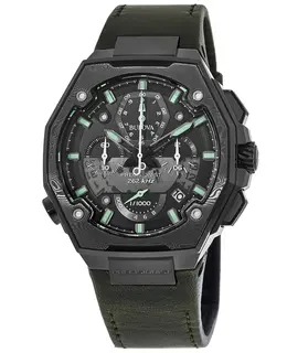 Bulova Precisionist Men's Watch 98B355: Black Dial, Stainless Steel Case with Leather Strap