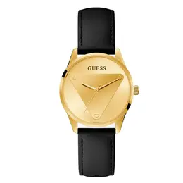 Guess Black Leather Watch gugw0642l1ac Analog Quartz Movement Stainless Steel Case Golden Dial Mineral Glass Buckle Clasp No Water Resistance Emblems-Set With Interchangeable White Strap