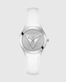 Женские часы Glitz plate GW0745L3 с кожаным и белым ремешком Guess, белый 91661545689 | blanco