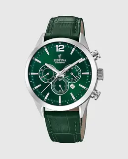 F20542/7 Мужские часы Timeless Chronograph в зеленой коже Festina, зеленый 8430622843242 | verde