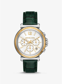 Крупные часы из серебристой кожи марен и тисненой под крокодила Michael Kors, зеленый mk7498 | green