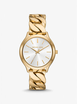 Тонкие часы с золотистым ремешком-цепочкой на подиуме Michael Kors, золотой mk7472 | gold