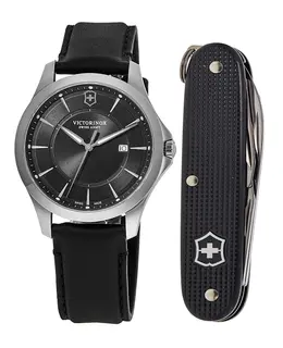 A brand new authentic Victorinox Swiss Army Alliance Quartz Black Dial Leather Strap Men's Watch, model 241904.1