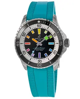 Brand New Authentic Breitling Superocean Automatic 42 Black Dial Turquoise Rubber Strap Men's Watch Model A17375211B2S1