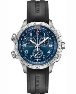 H77922341 Hamilton Authentic Khaki X-Wind Men's GMT Chrono Quartz Watch with Blue Dial, Black Rubber Strap