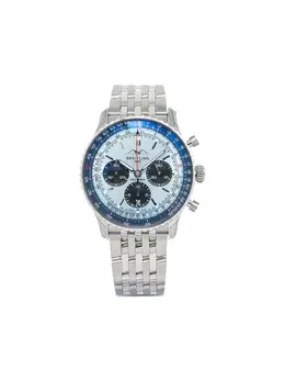 Breitling Navitimer 43mm (Art: 29651189) Cerulean Blue Round Face Stainless Steel Baton Hands Chronograph Automatic Movement Two Pushers Logo-Embossed Crown Folding Clasp Chain Bracelet Original Box Included