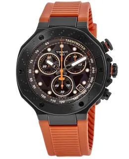 Brand New Authentic Tissot T-Race Chronograph t141.417.37.051.02 T1414173705102 Black Dial Orange Rubber Strap Men's Watch 45mm